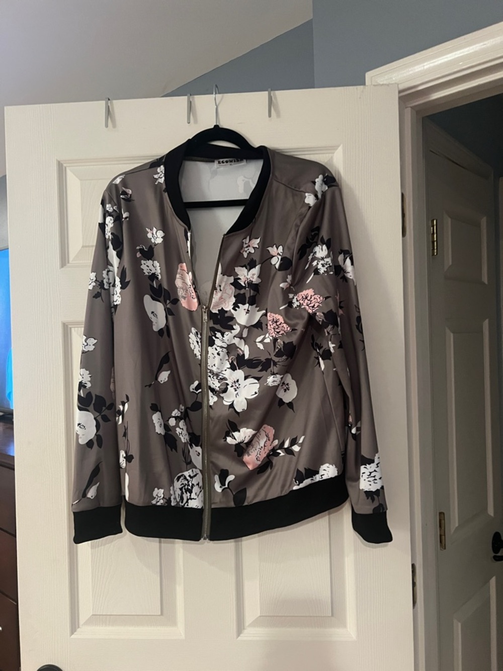 Floral Print Bomber Jacket - Grey with Pink & White Flowers
